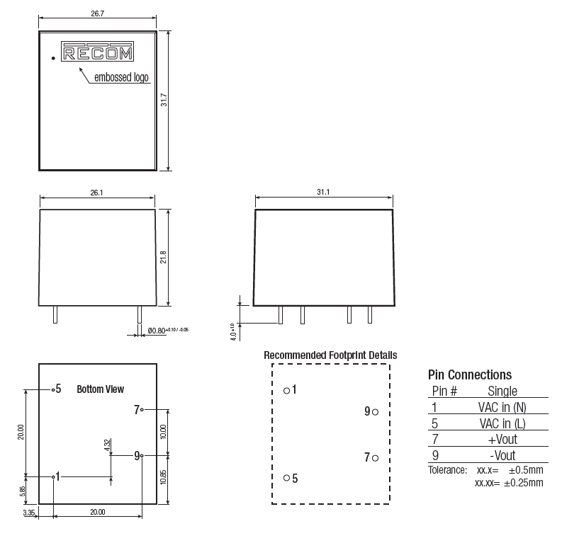 Mechanical Drawing - RECOM Power RAC3.5-K/277 AC/DC Converters